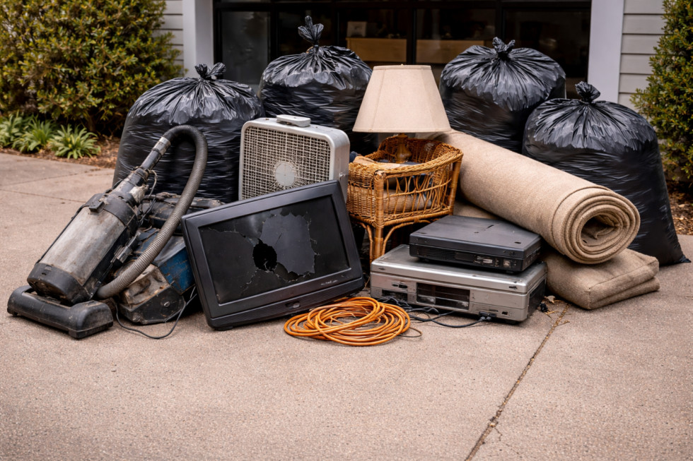 A pile of items ready for disposal on a driveway including a broken TV, old vacuum, rolled carpet, and black trash bags.