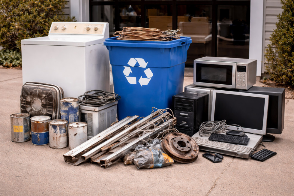 Items for recycling including an old washing machine, microwave, computer monitors, and paint cans next to a blue recycling bin.