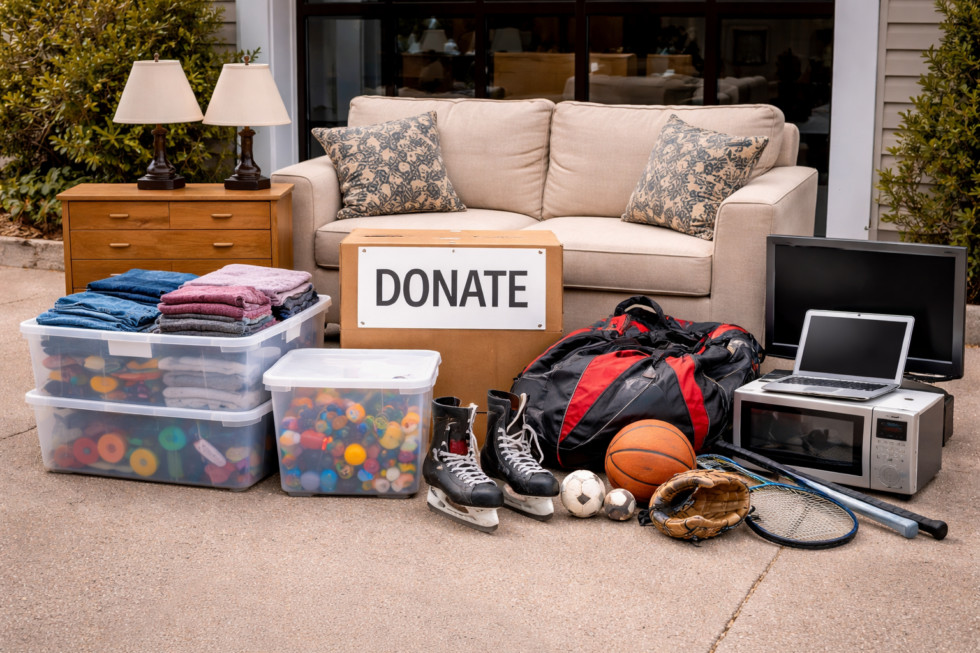 A neat donation pile featuring a sofa, lamps, a box labeled "Donate," and sports equipment like skates and basketballs.
