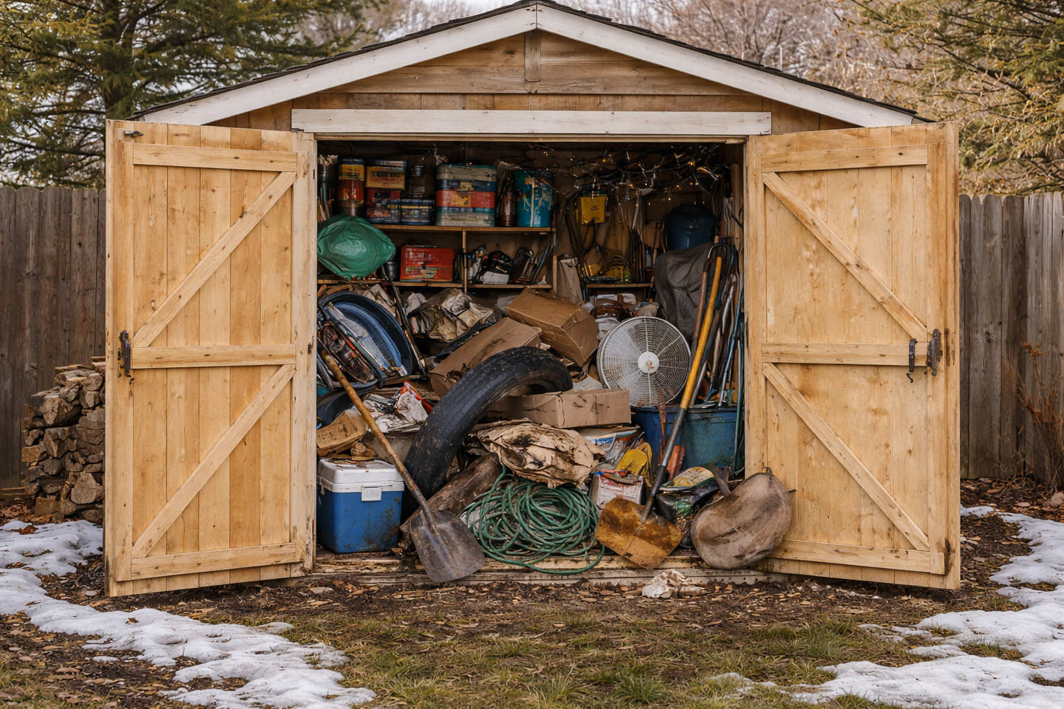 The interior of a crowded wooden storage shed overflowing with boxes, old tires, garden tools, and household junk during a spring thaw.