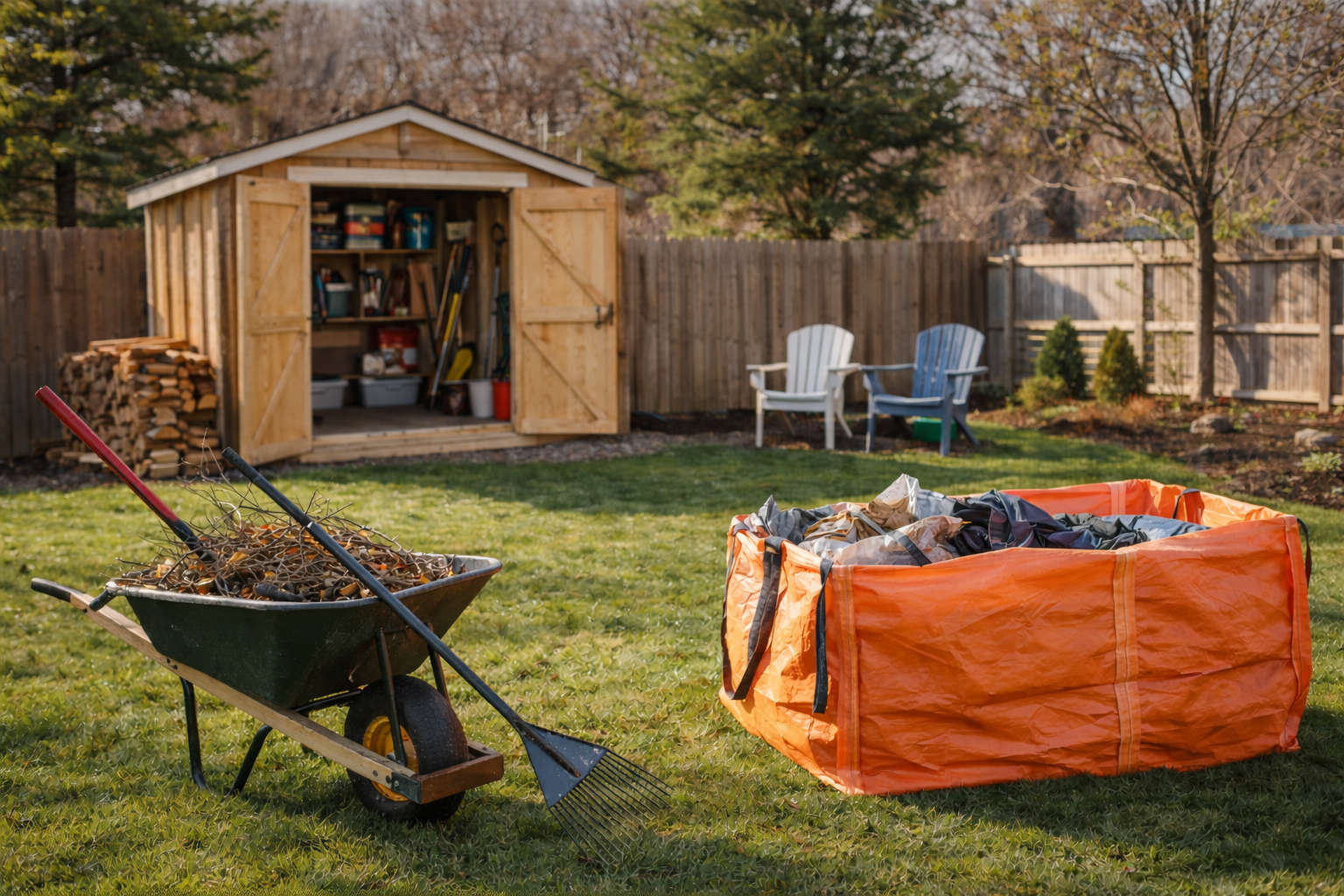 A clean, organized backyard in spring featuring a wooden shed, a wheelbarrow filled with branches, and a large orange dumpster bag ready for junk removal.