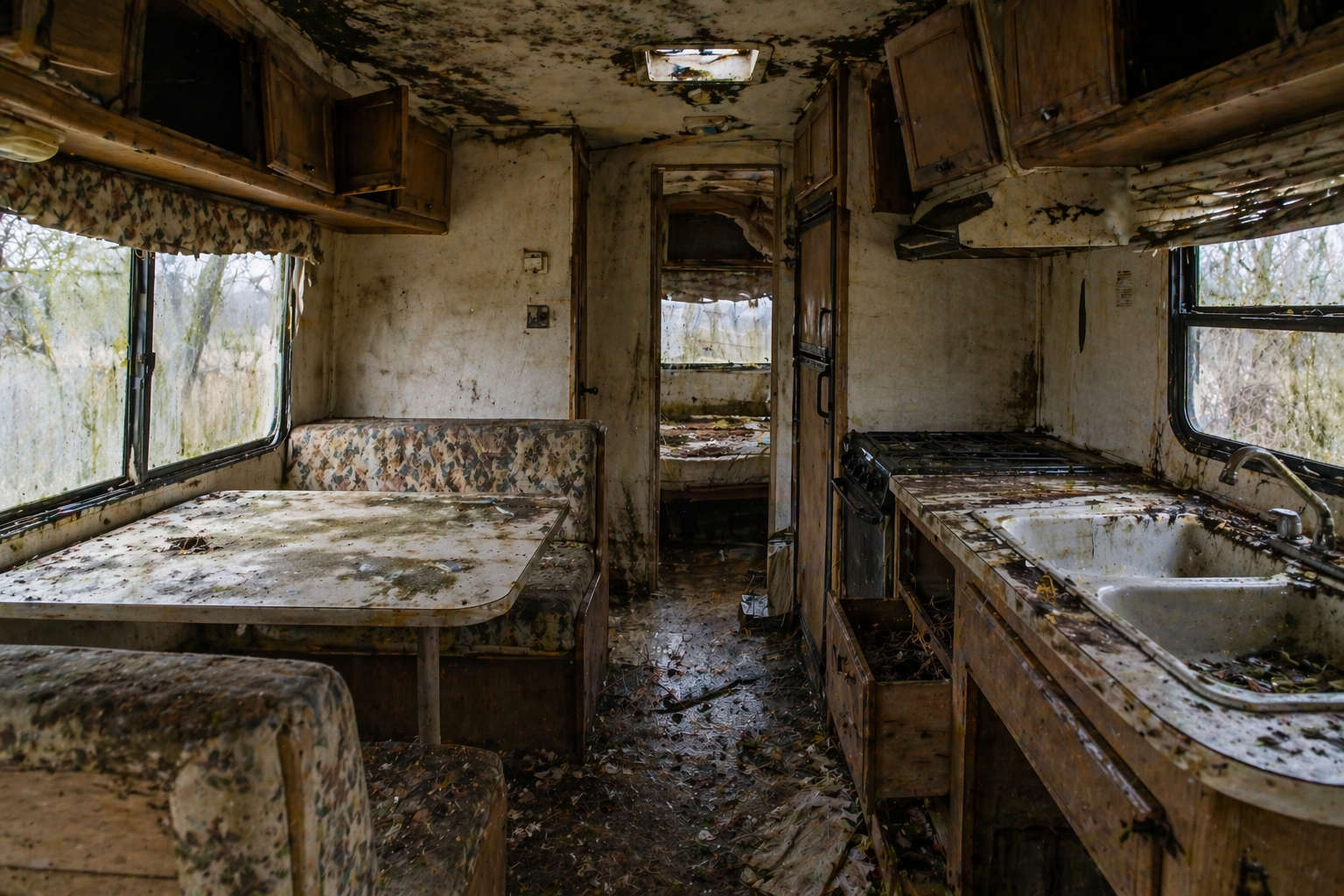 The interior of a neglected camper showing severe water damage, moldy ceilings, rotting cabinets, and debris on the floor and kitchen counters.