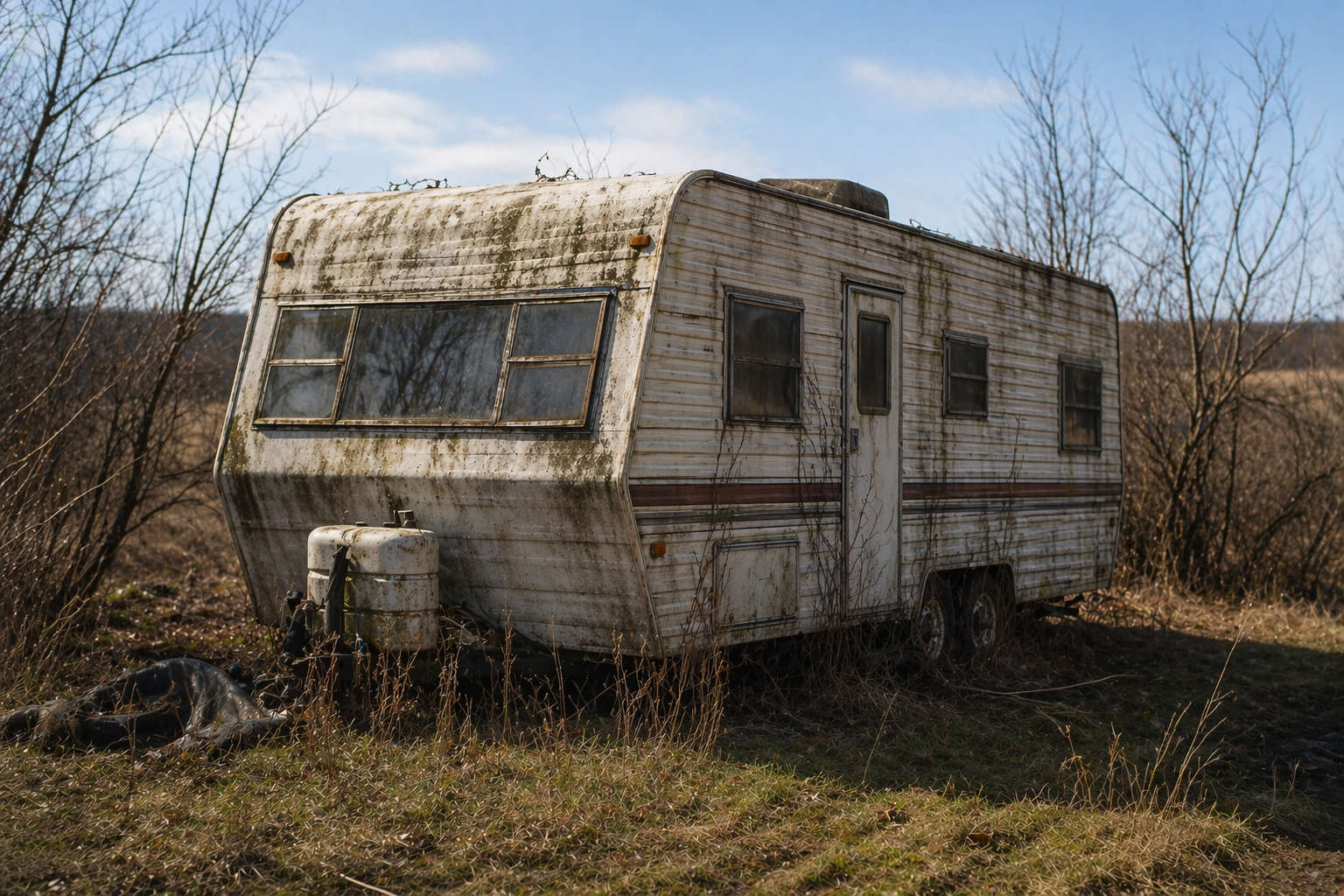 A weathered, abandoned white RV camper sitting in a rural field with dirt and moss on the exterior, representing a liability for property owners.