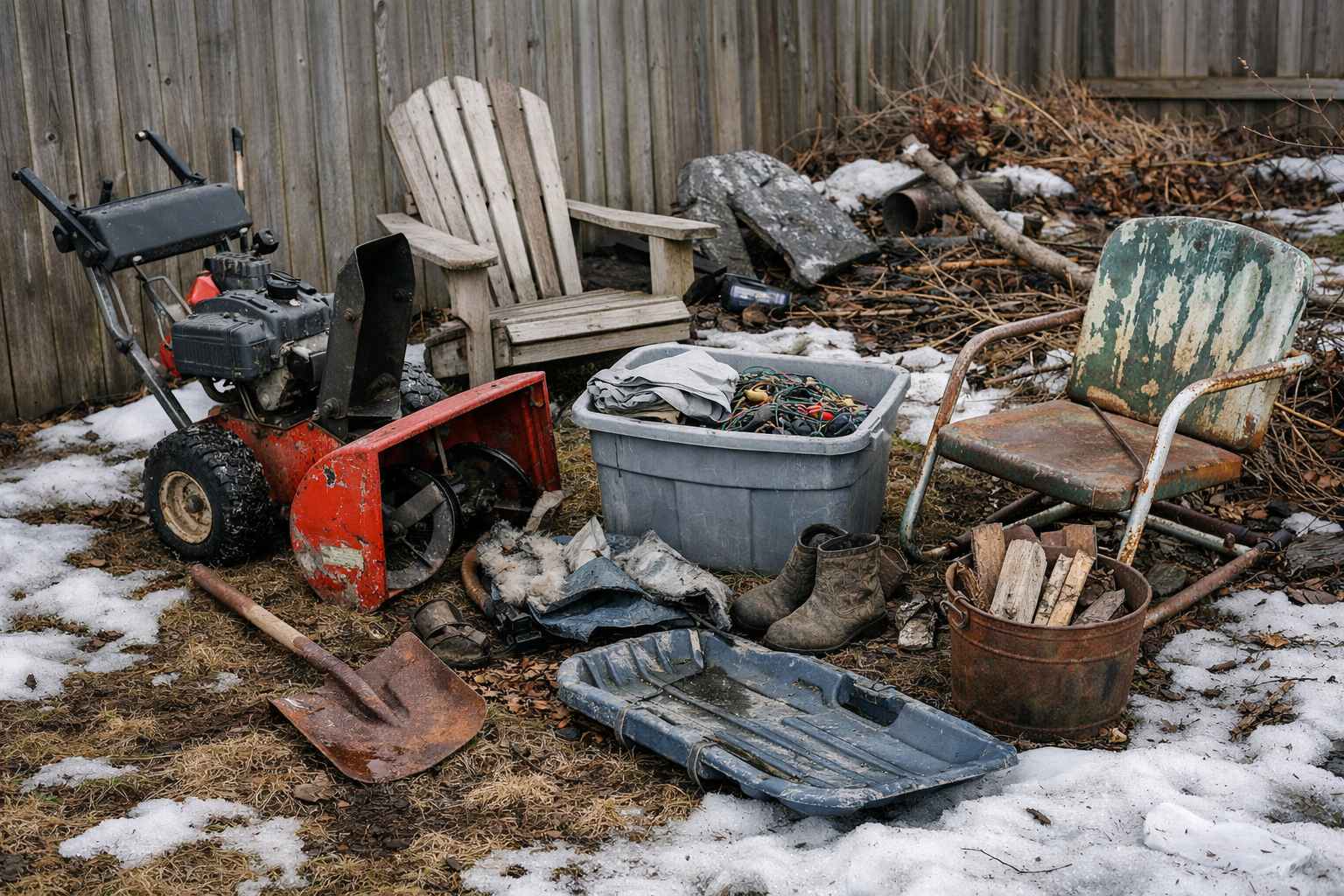 A collection of winter-damaged items including a broken red snowblower, rusted chairs, old boots, and a sled sitting on patches of melting snow.