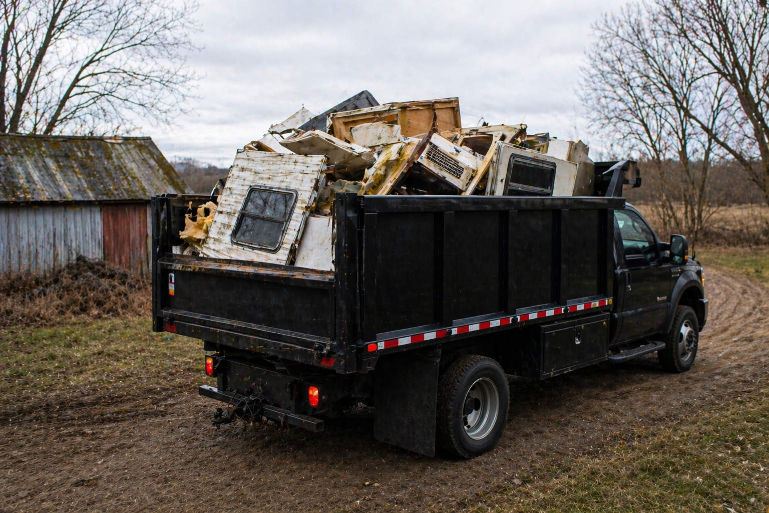 A black dump truck filled with the demolished remains of an old camper, including siding and window frames, ready for disposal and recycling.