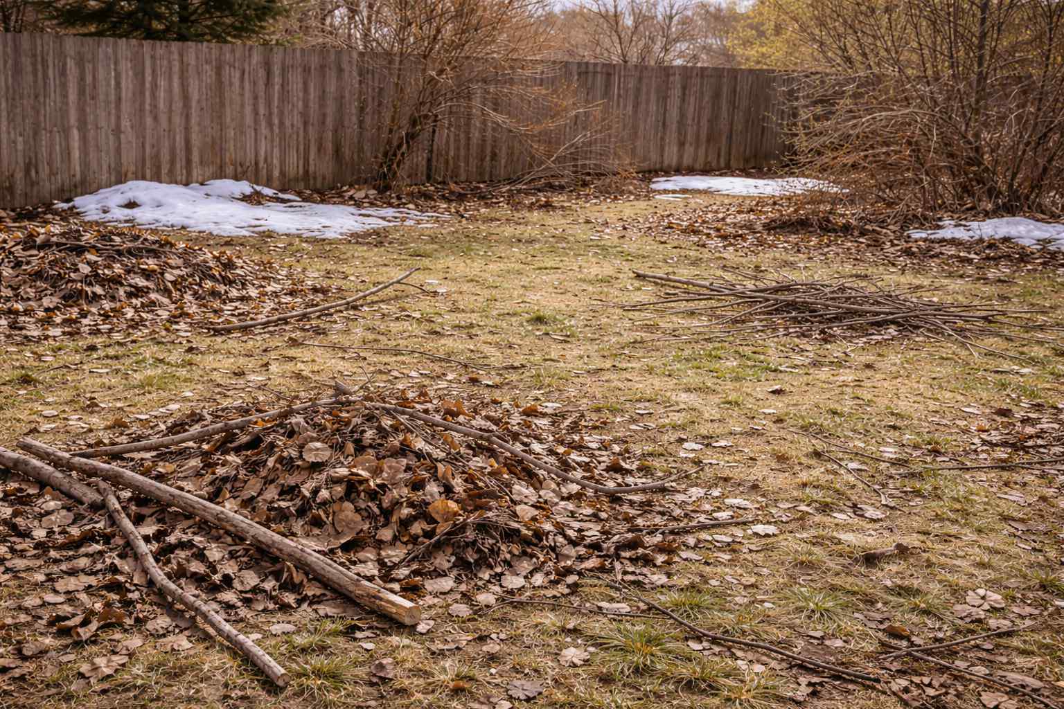 Piles of fallen branches and brown leaves scattered across a dormant grass lawn next to a wooden fence in early spring.