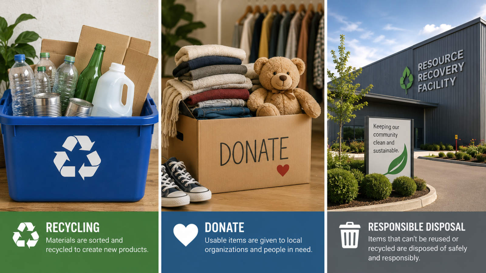 eco-friendly-junk-removal-minnesota Three-panel graphic illustrating eco-friendly junk removal stages: a blue bin with bottles and cans labeled recycling, a cardboard box filled with clothes and a teddy bear labeled donate, and a resource recovery facility building labeled responsible disposal.