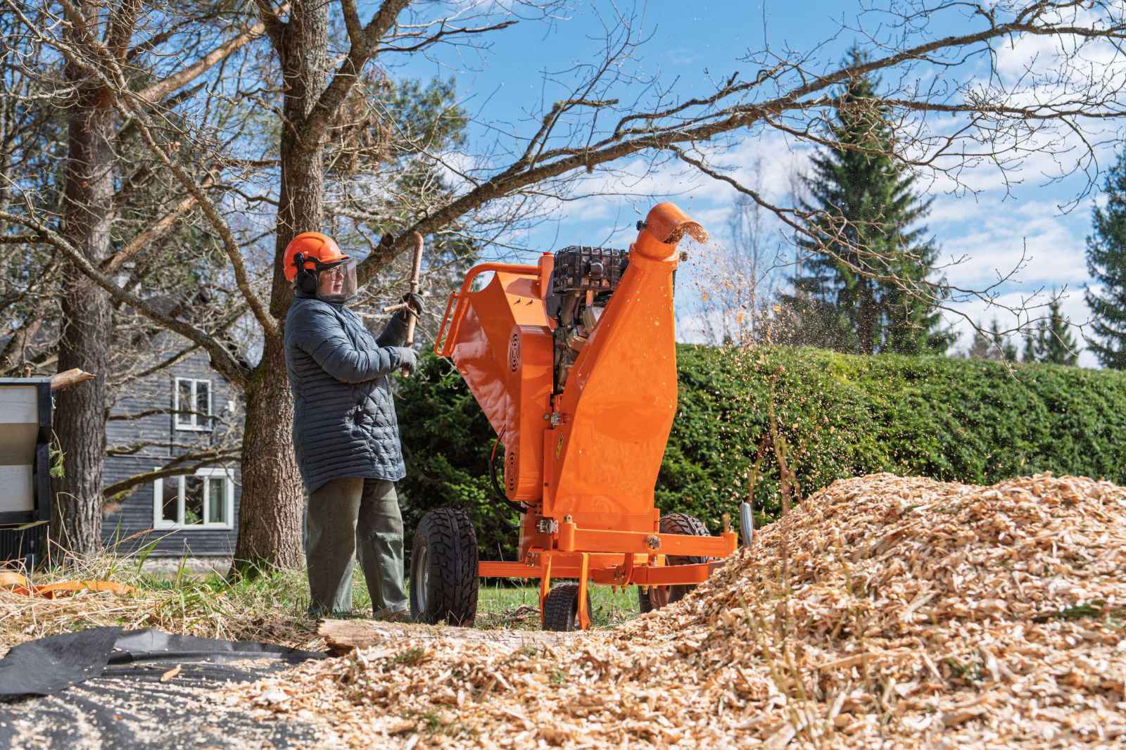 A person wearing safety gear and a helmet operates an orange wood chipper in a yard, creating a large pile of wood chips.
