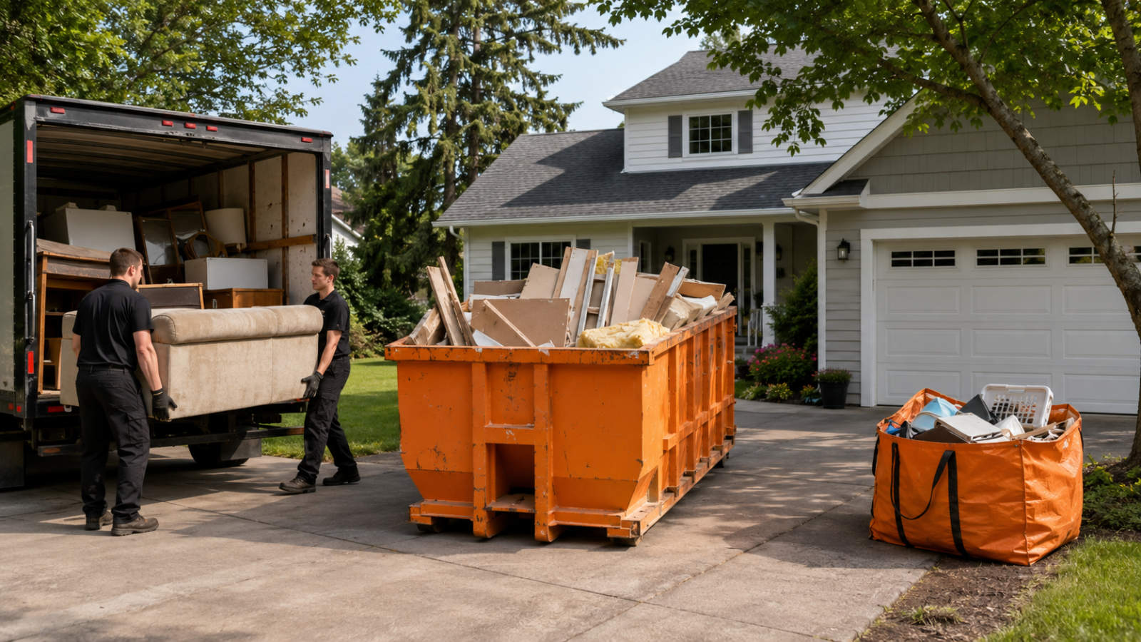 A residential driveway featuring all three waste disposal options: junk removal movers loading a sofa, a middle dumpster rental filled with renovation waste, and a filled dumpster bag.
