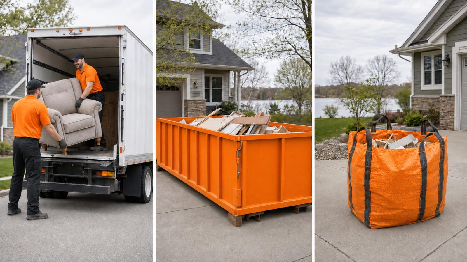 junk-removal-vs-dumpster-rental-vs-dumpster-bag Side-by-side comparison showing full-service junk removal crew loading a truck, a large orange roll-off dumpster rental, and an orange dumpster bag on a residential driveway.