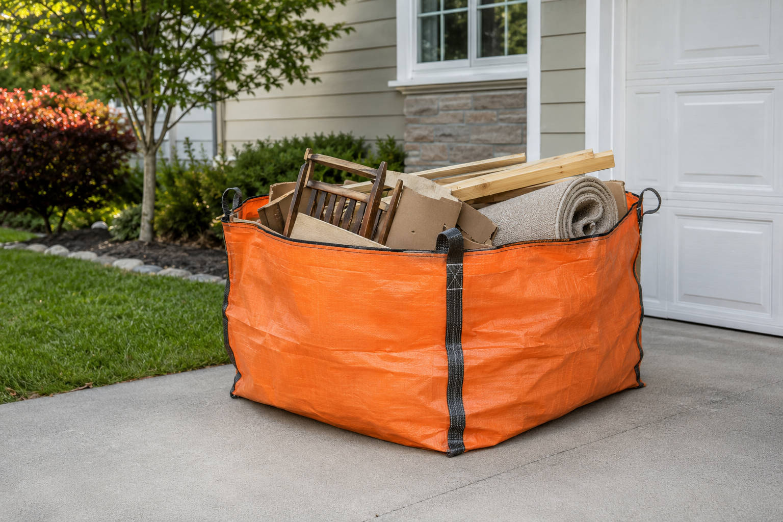 Heavy-duty orange dumpster bag filled with scrap wood, rolled carpet, and cardboard debris sitting in front of a garage.