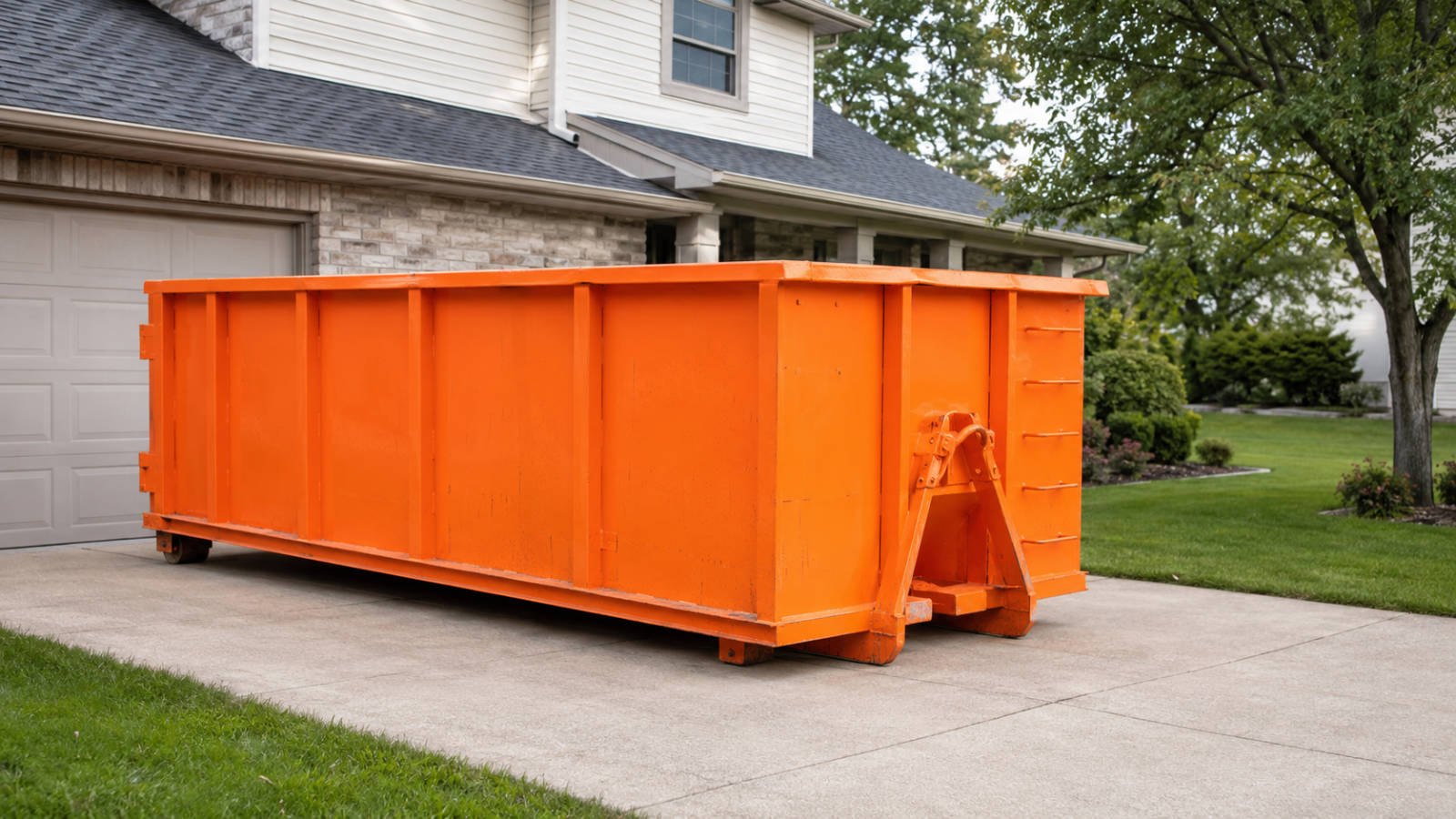 Large orange roll-off dumpster rental sitting empty on a residential concrete driveway in front of a house.