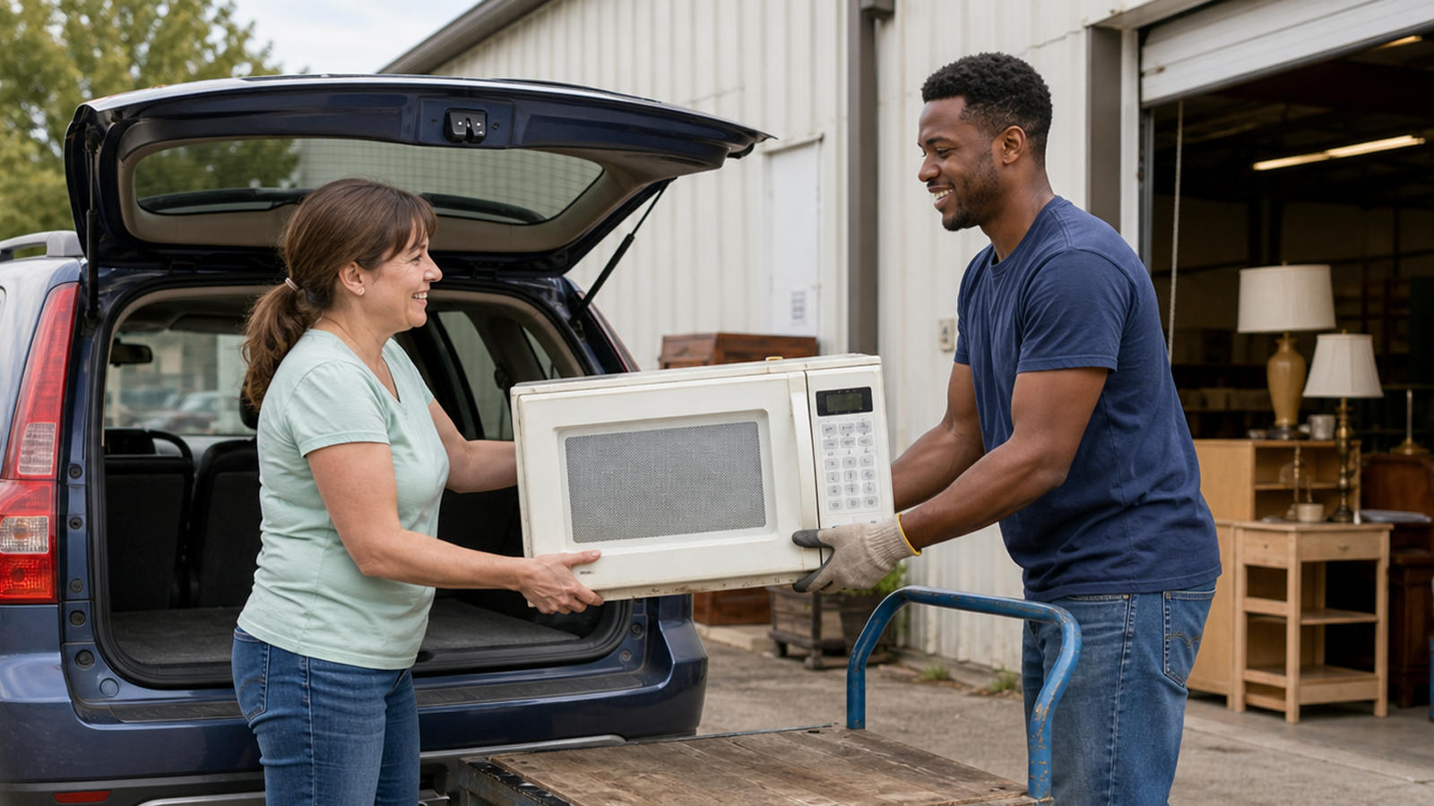 A woman unloading a working microwave from her car trunk into the hands of a volunteer at a local donation center.