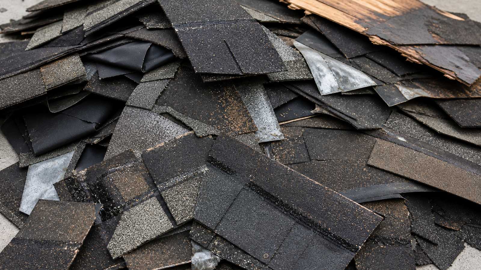 Heavy pile of torn-off asphalt shingles and underlayment roofing debris.