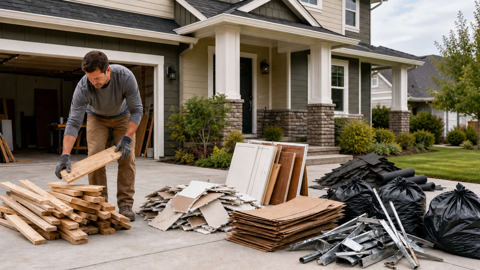 home-renovation-debris-sorting-driveway Homeowner sorting home renovation debris—including scrap wood, drywall, cardboard, shingles, and trash bags—in a residential driveway.