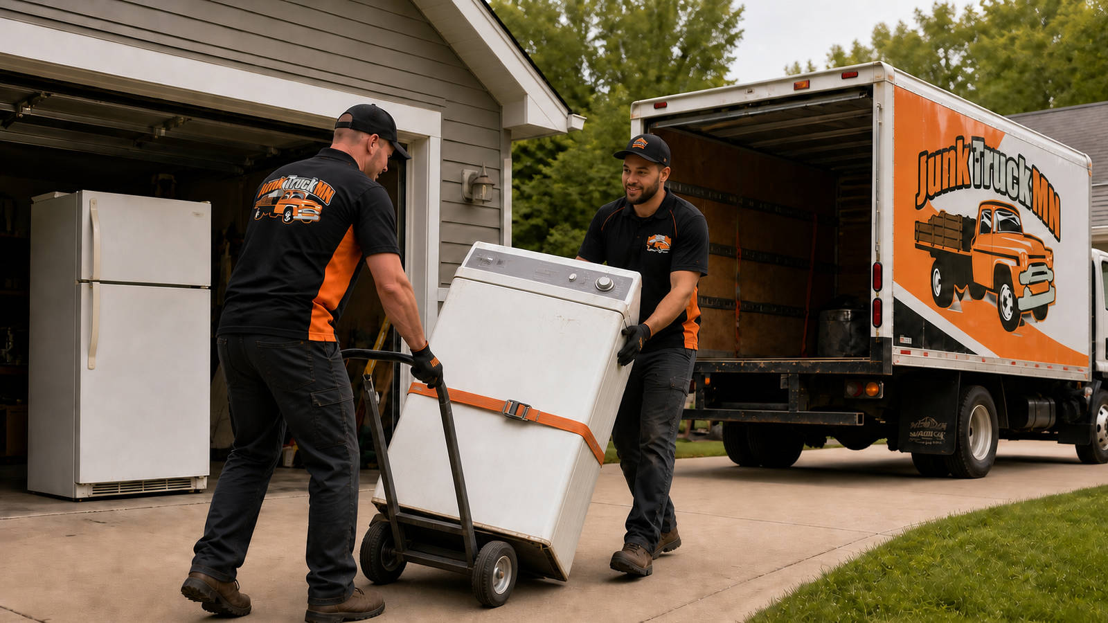Two Junk Truck MN crew members using a hand dolly to haul a washing machine toward their branded removal truck.