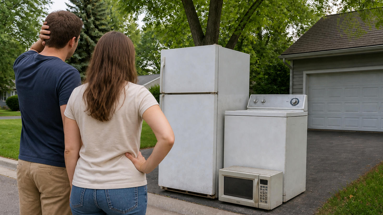 A homeowner couple standing in a driveway looking at an old refrigerator, washing machine, and microwave left outside for removal.