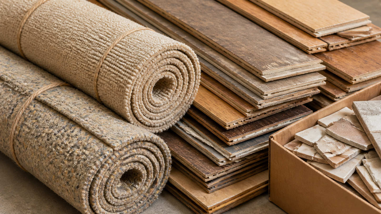 Rolled carpet tied with twine stacked next to removed laminate flooring planks and a box of broken tiles.