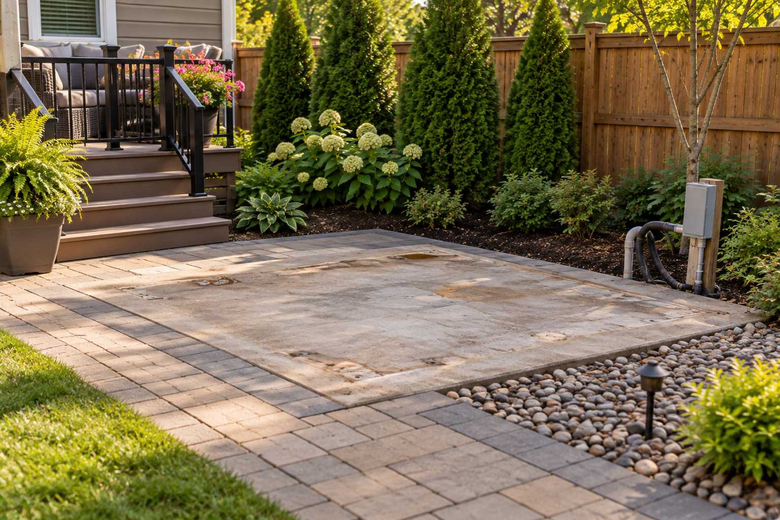 An empty concrete pad on a patio showing open backyard space after a hot tub was removed.