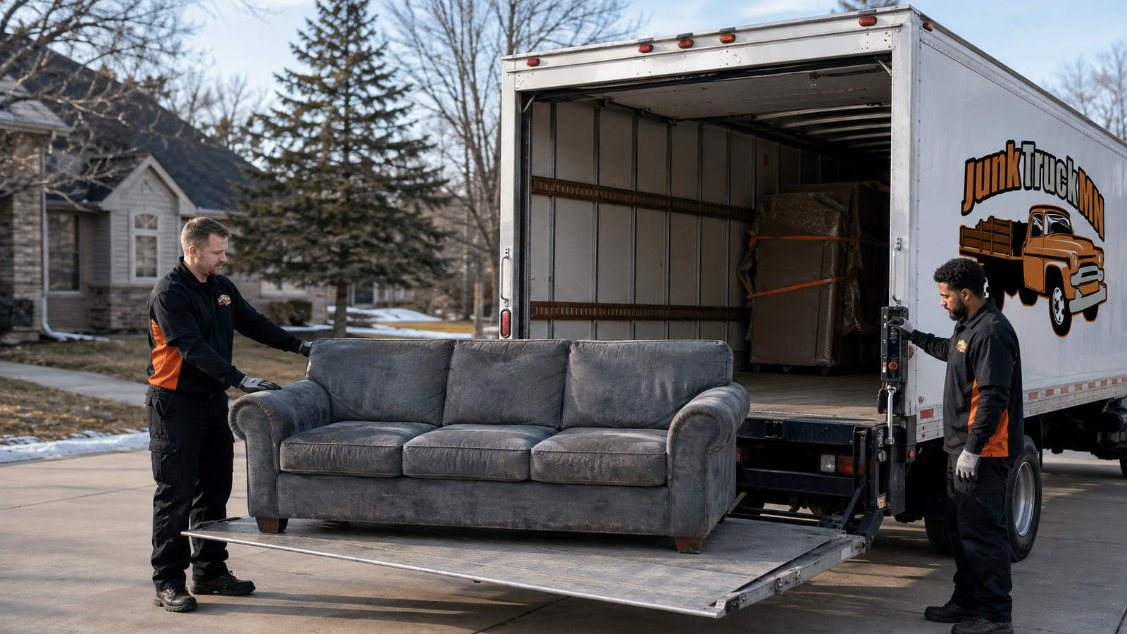 Junk Truck MN crew lowering a grey couch on a truck lift gate outside a Minnesota home.