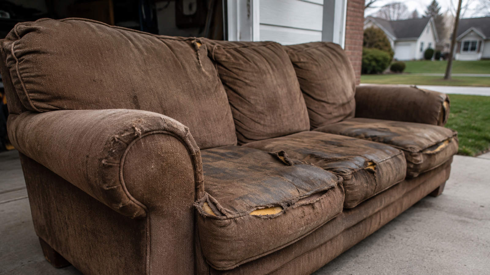 Old brown fabric sofa with torn, frayed upholstery sitting on a driveway outside a garage.