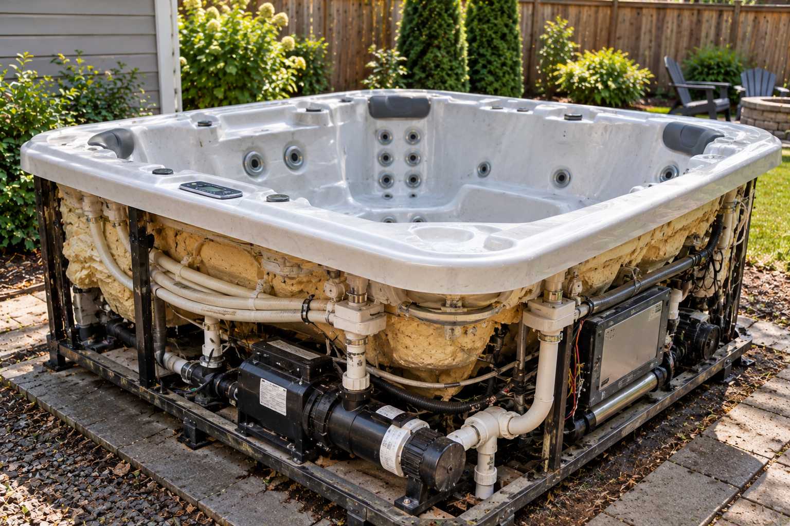 An exposed hot tub frame showing internal plumbing, pumps, and wiring during disassembly.