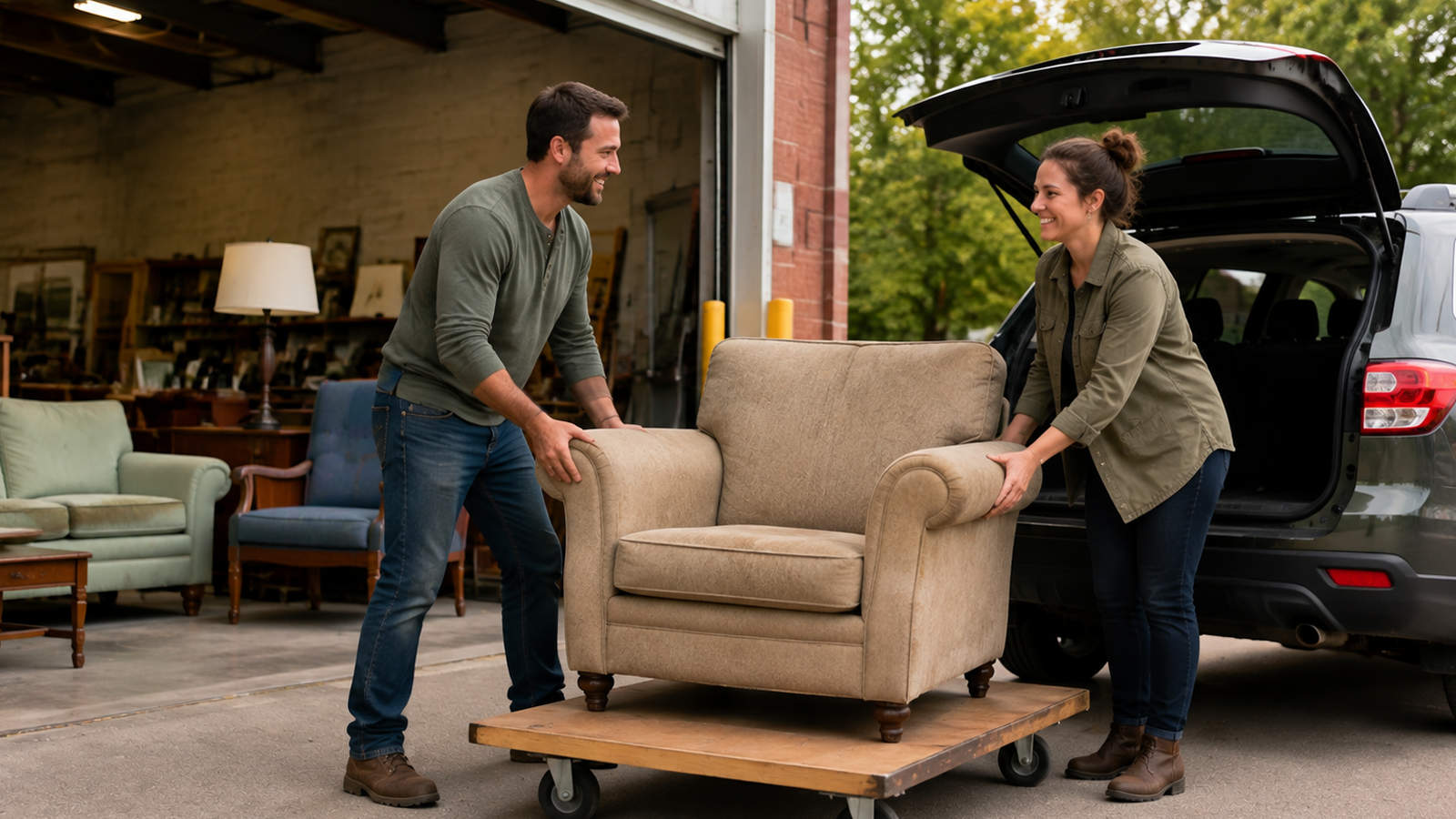 Man and woman loading a tan armchair on a furniture dolly into the back of an SUV outside a garage.