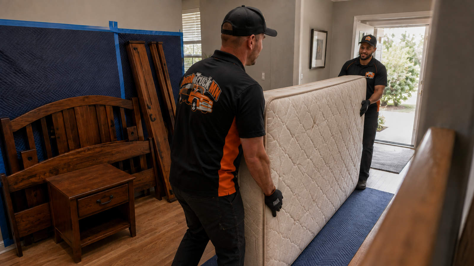 Two Junk Truck MN team members carrying a queen mattress out of a bedroom during a furniture removal appointment.