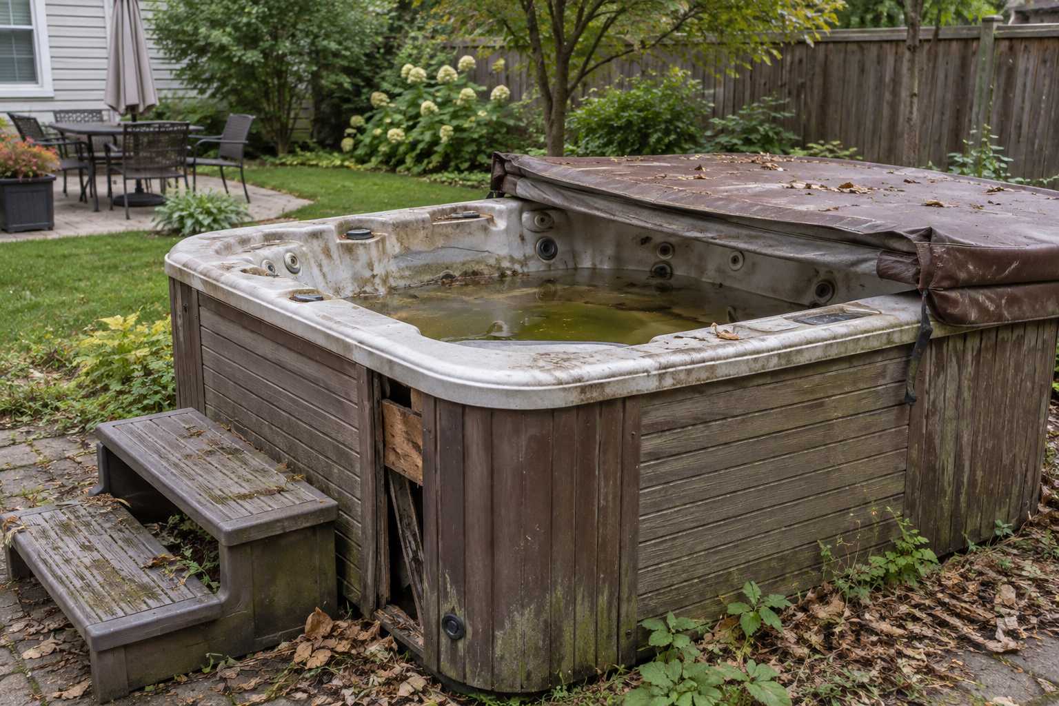An old, neglected hot tub with a weathered cover sitting on a backyard patio.