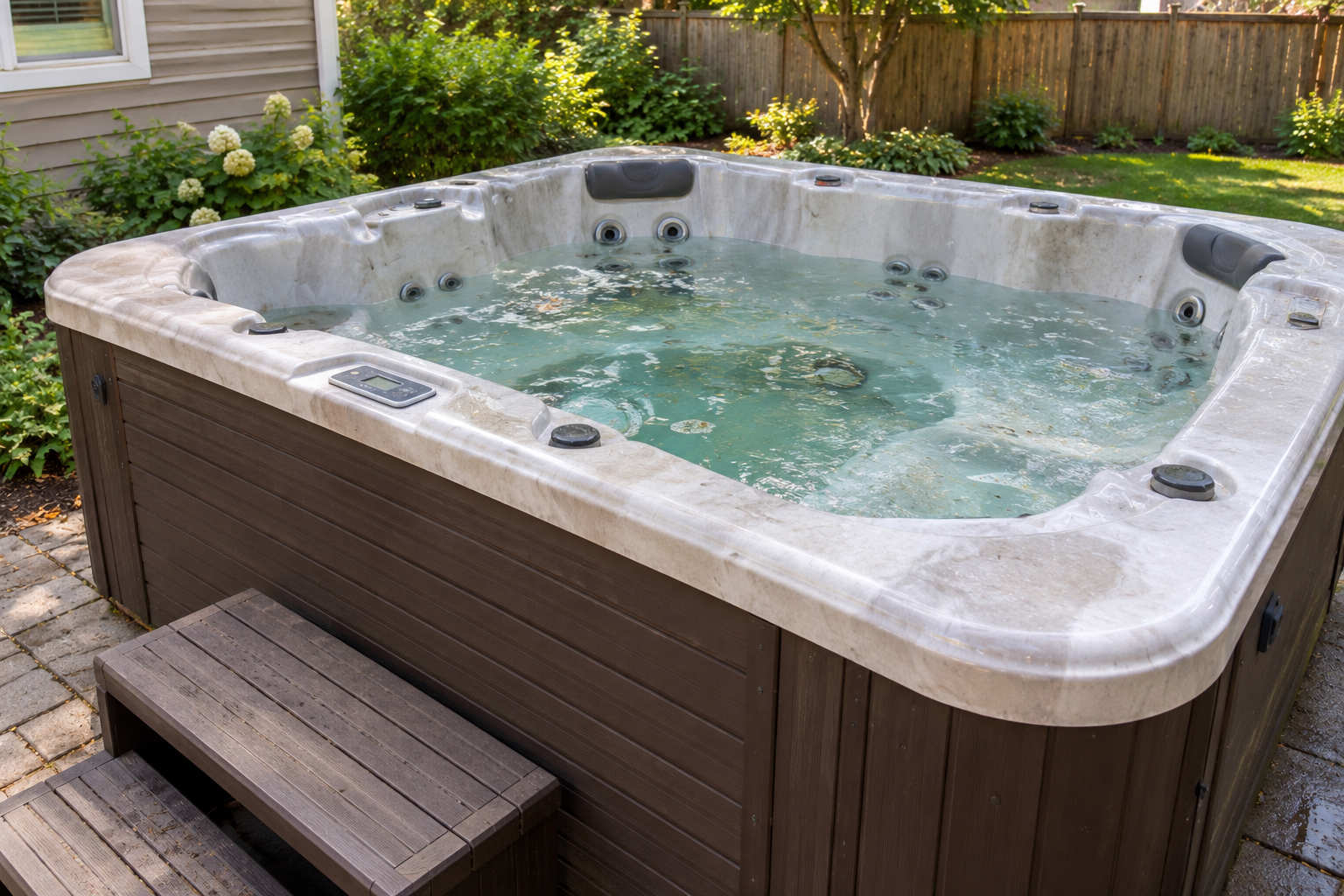 Old functional outdoor hot tub filled with water on a stone patio.